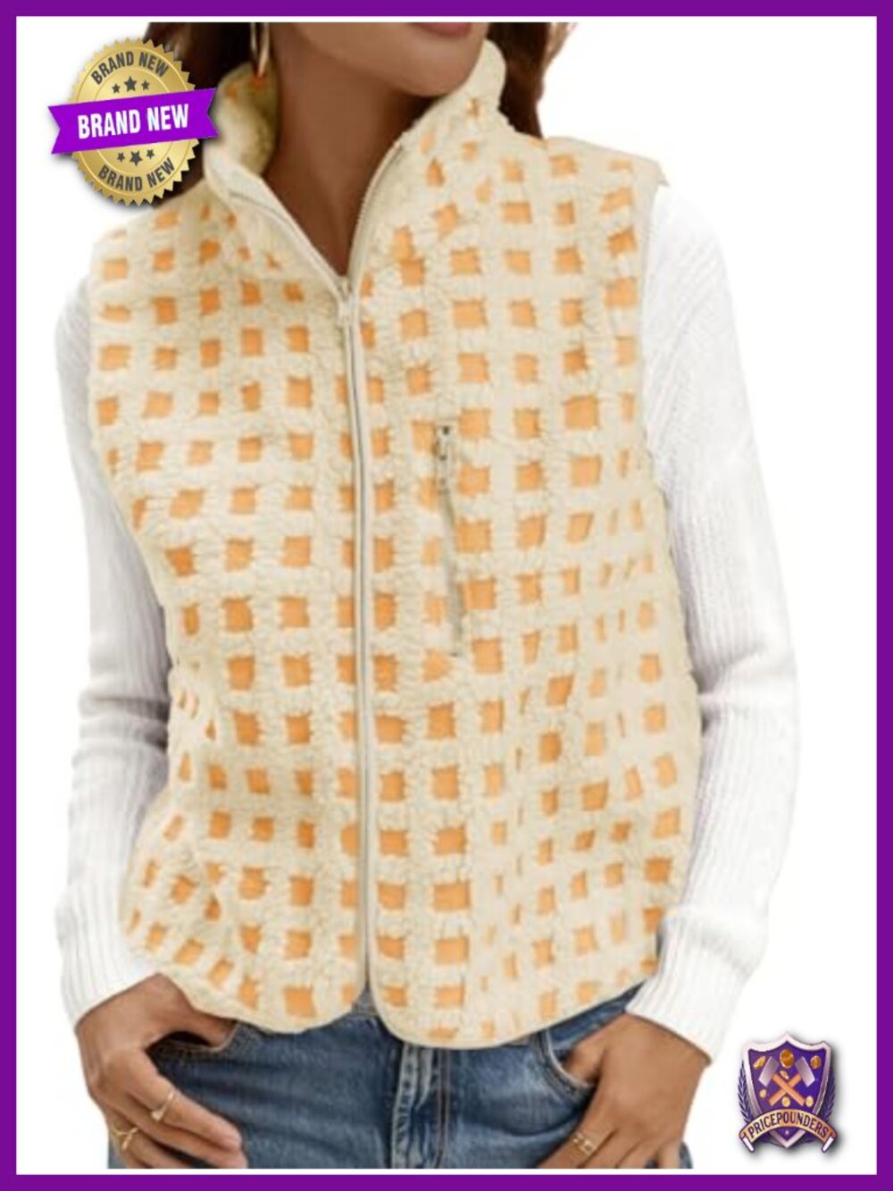 Checkered Sherpa Fleece Zip Up Vest Sleeveless Fuzzy Warm Winter